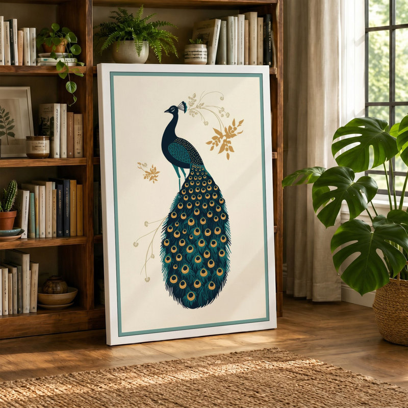 Ornamental Peacock Art Deco - Wrapped Canvas, 18x12 - 45.7 x 30.5 cm, Ochre Border