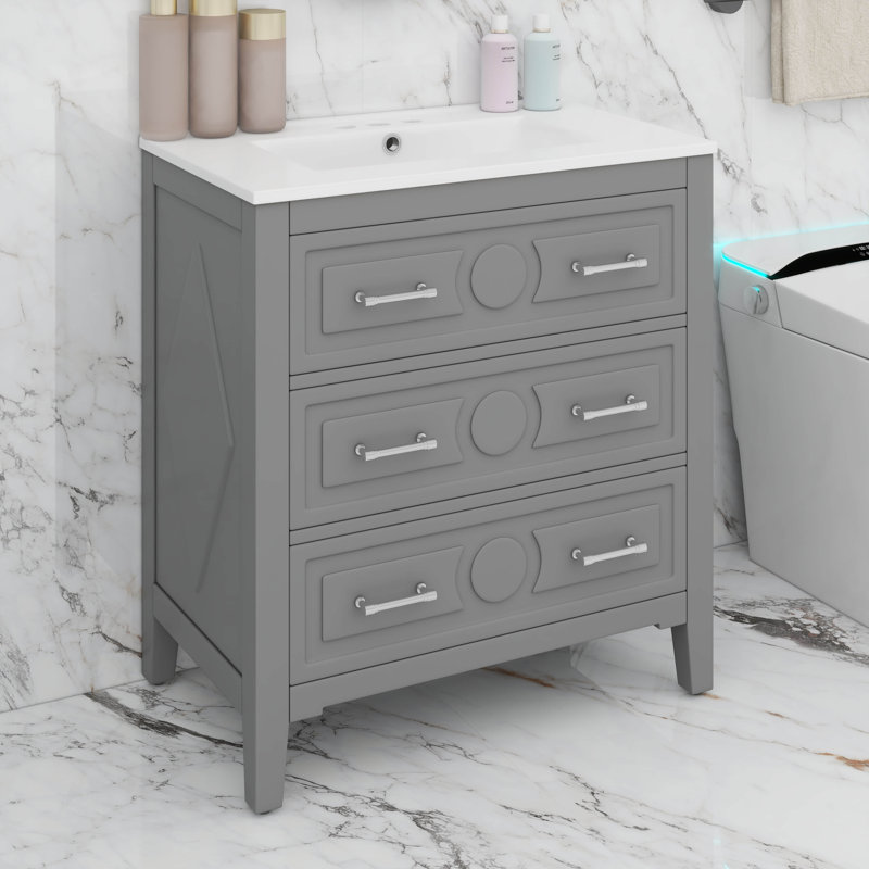Ensemble de meuble-lavabo 30 po avec lavabo en céramique et 3 tiroirs, Gris, Argent argent