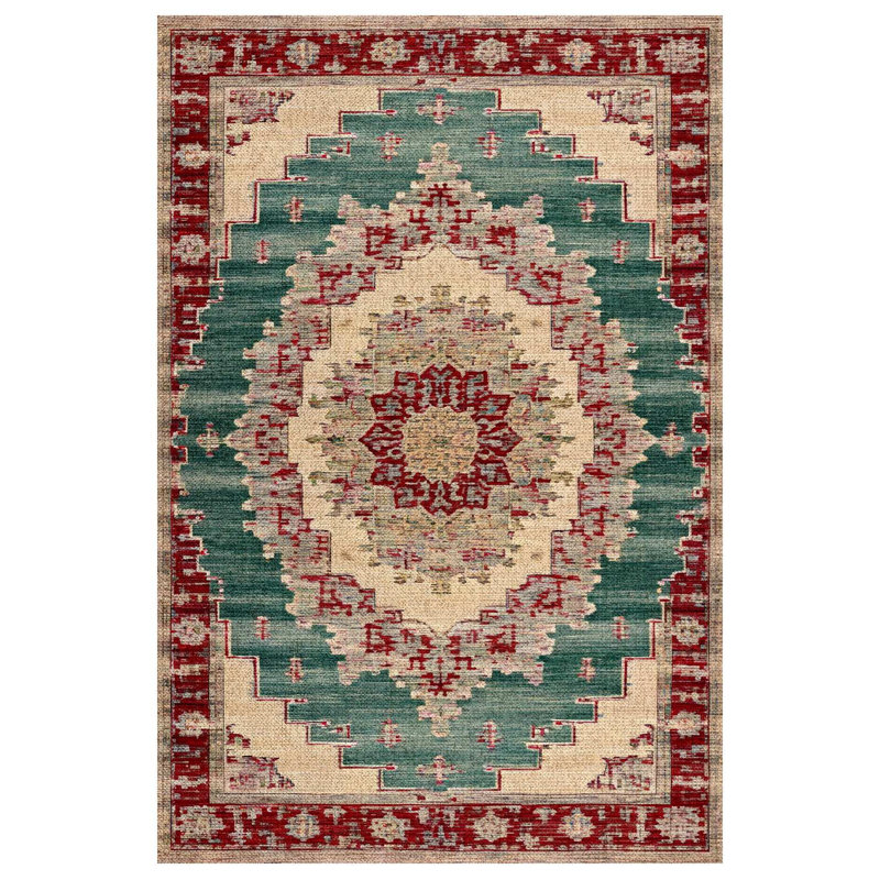 Girraj Burgundy Green Beige Oriental Machine Printed CGirrajn Polyester Area Rug, Rectangle 5'3" x 9'11"