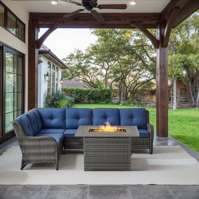 Dahlyla 6 - Person Outdoor PE Wicker Sectional Seating Group with Fire Pit and Cushions, Gray, Blue