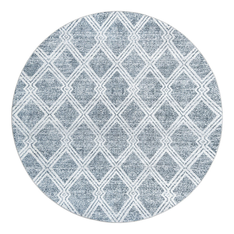 Tapis géométrique en polyester bleu / ivoire Massie, Rond 7 pi 10 po