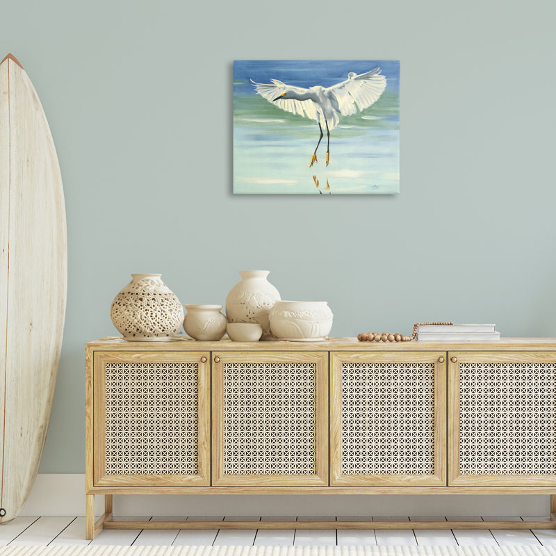 «Snowy Egret on Beach», art mural par D. Rust, H 16 po x l 20 po