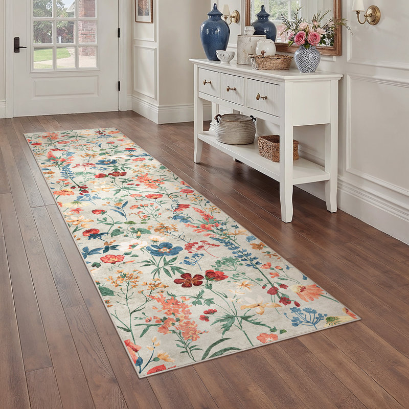 Tapis floral lavable à la machine avec envers antidérapant, Tapis de couloir 2 pi x 8 pi, Beige
