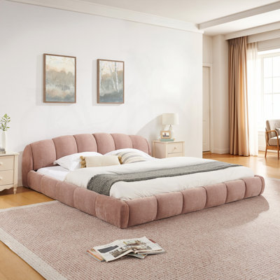 King Size Elegant Chenille Upholstered Platform Bed Frame, Thick Curved Headboard & Wrapped Footboard, Low Profile Floor Bed