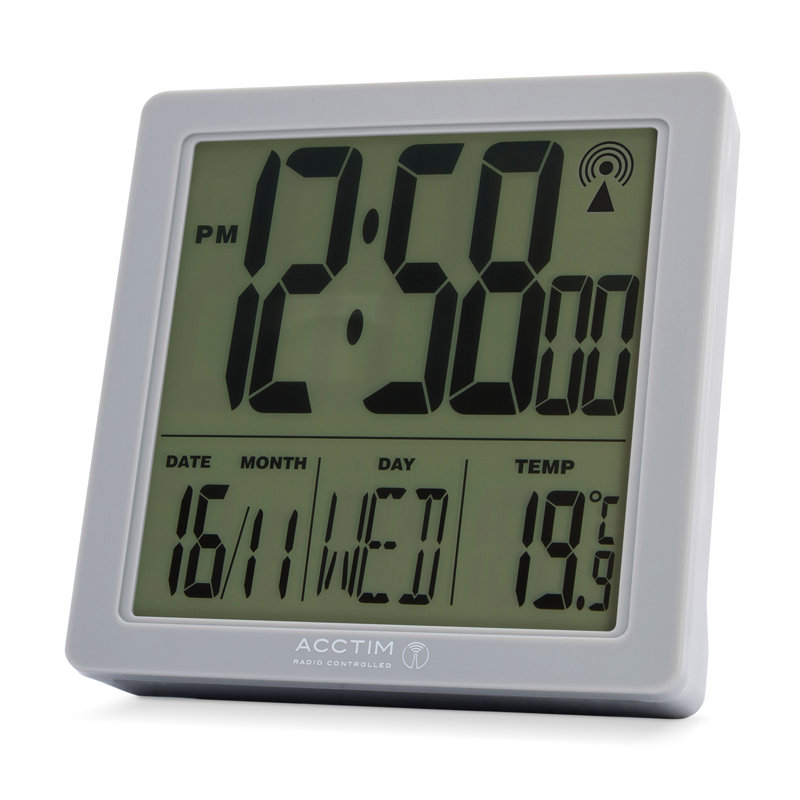 Acctim Varsity Digital Alarm Clock Radio Controlled Crescendo Alarm Date & Temperature Display, Grey