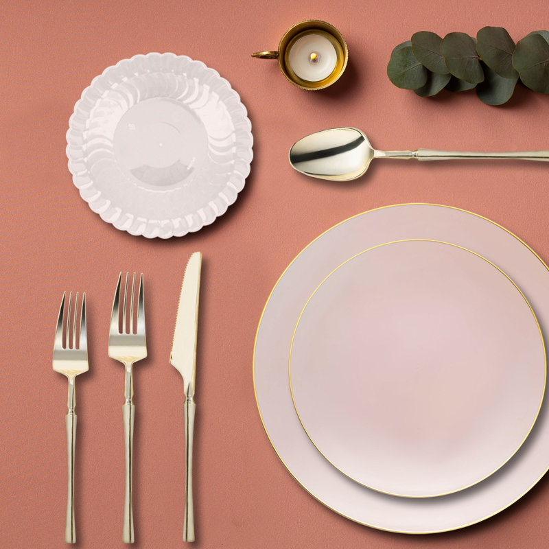Pink with Gold Organic Disposable Plastic Tableware Set - 120 Settings