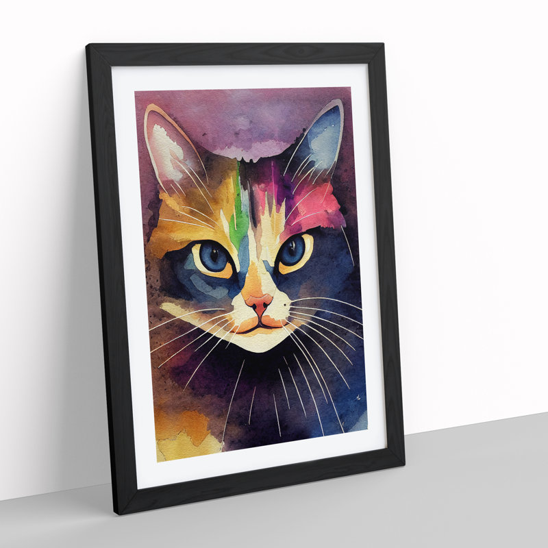Cat Watercolour No.1 - Painting, 66cm H x 48cm W x 2cm D, Black Framed, White