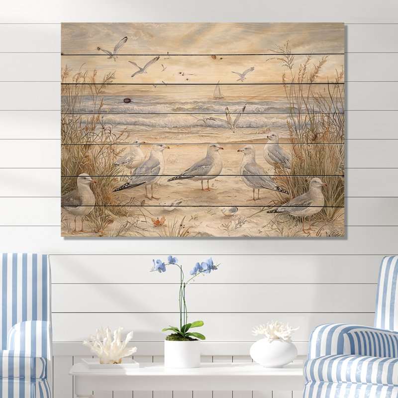 Mouettes sur la plage II - Décoration murale en bois côtier sur bois de pin naturel, H 10 po x l 20 po