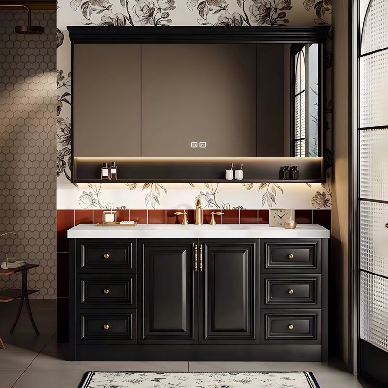 Meuble-lavabo autoportant en bois d'hévéa massif 59,06 po avec armoire à miroir, Noir, 59"