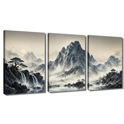 Encre de Chine, cascade de montagne, pavillon, pin, lever de soleil, brume, paysage, art mural sur toile, ensemble de 3 (1)