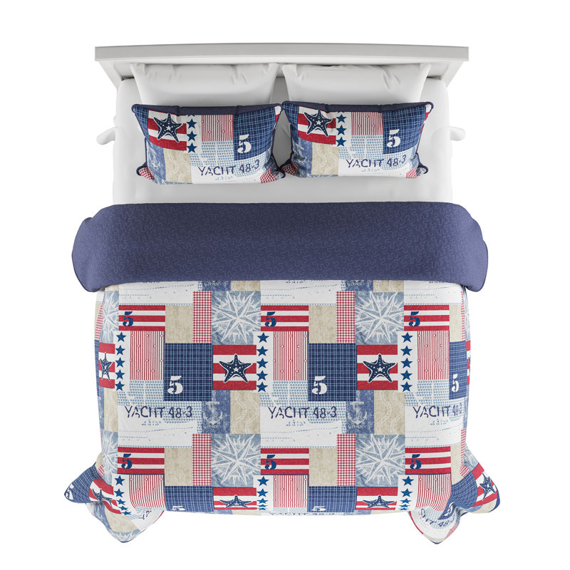 King Blue Microfiber Reversible Nautical Americana Quilt Set