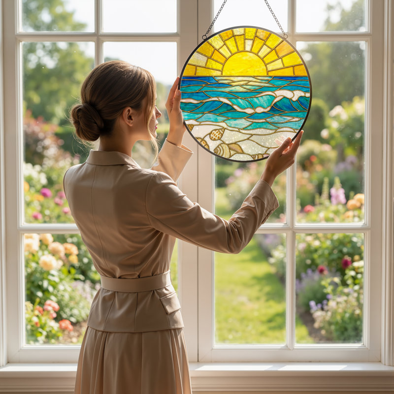 12"H Sunset Ocean Stained Glass Window Panel, 12" H x 12" W