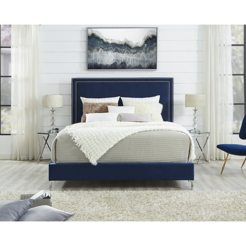 Lit plateforme tapissier Crampton, Marine, Grand lit, Velours