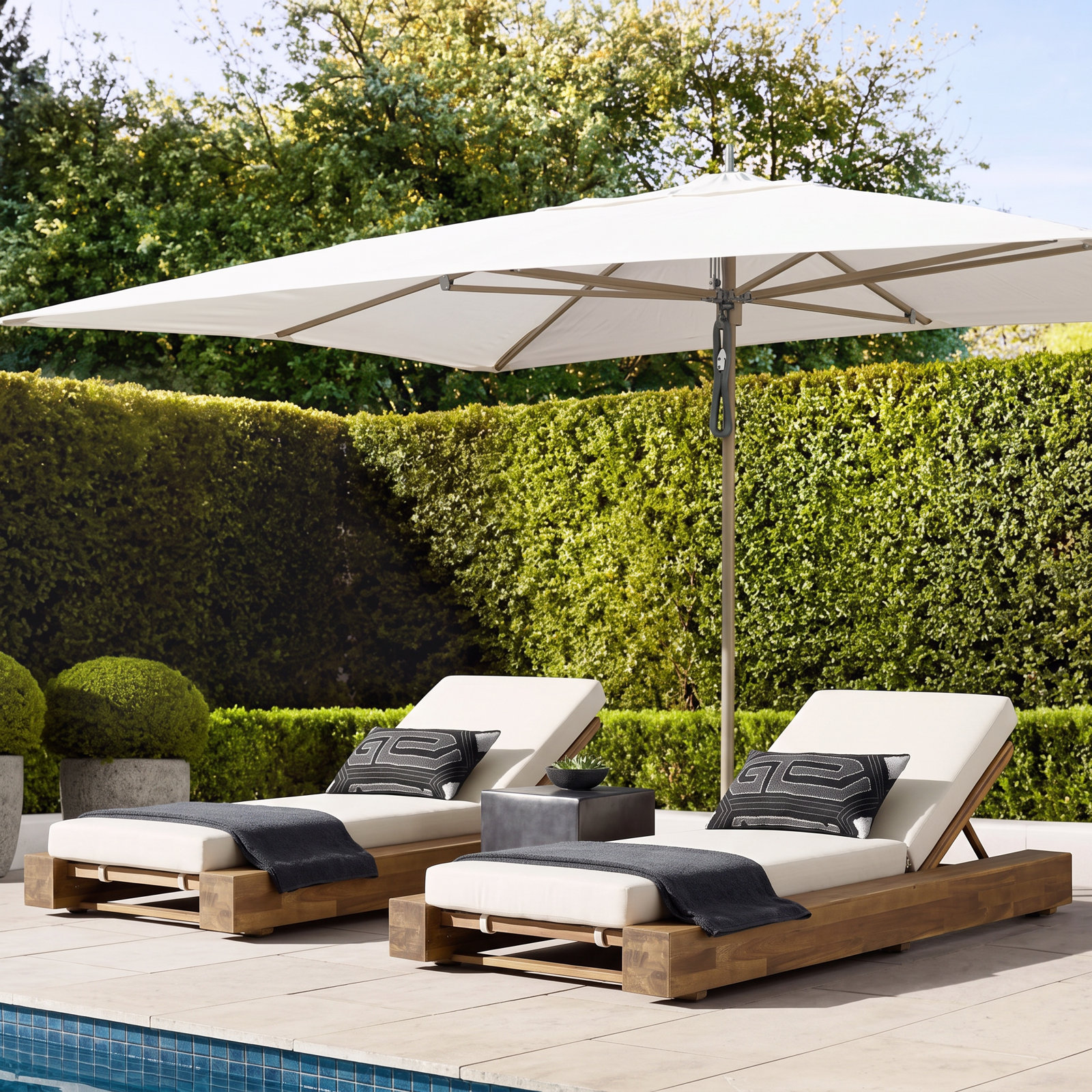 Donnie 39" Acacia Patio Chaise Lounge Set, Sandblast Teak Frame / Cream Cushion, 2