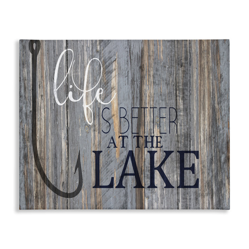 «Life Better Lake Quote Fish Lakehouse», art nautique sur toile surdimensionné par Kim Allen, H 24 po x l 30 po