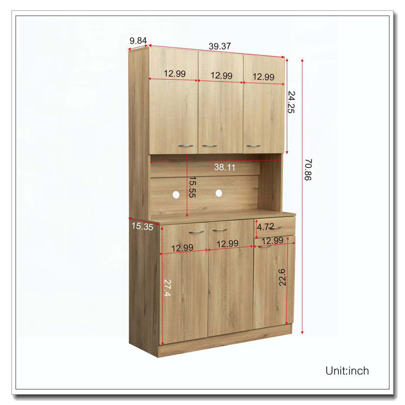 Armoire de cuisine 70,87 "de haut avec 6 portes, 1 tablette ouverte et 1 tiroir, Chêne