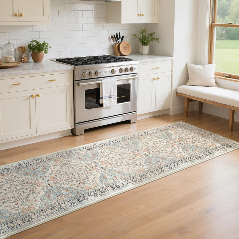  Boho 2x12 Runner Rug, Vintage Floral Area Rug, Non-Slip Washable Low Pile Accent Mat, Floor Carpet for Living Room Entryway Kitchen Hallway Laundry Bedside, Pink