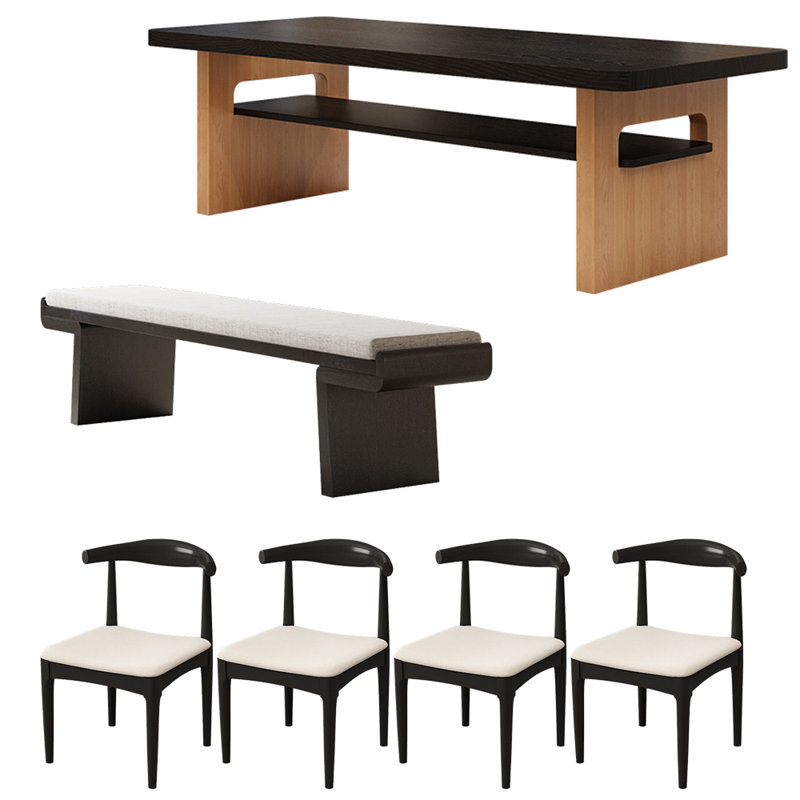 Modern simple black solid wood dining table set, 29.5"H x 70.8"L x 33.4"W