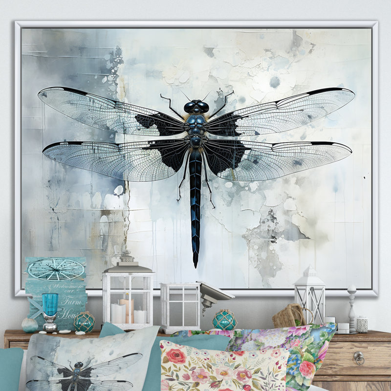 Libellule élégante - Art mural libellule, H 16 po x l 32 po x P 1 po, Cadre flottant blanc