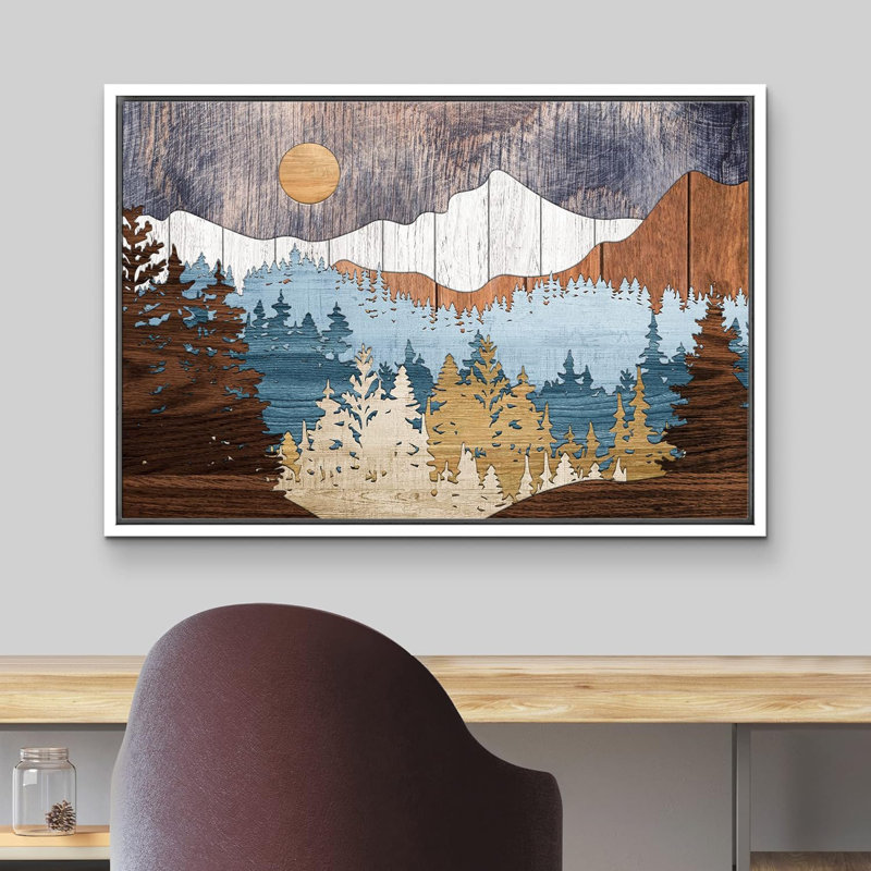 «Western Wood Effect Landscape Abstract Mountain Farmhouse Cabin», impression sur toile encadrée, Cadre flottant blanc