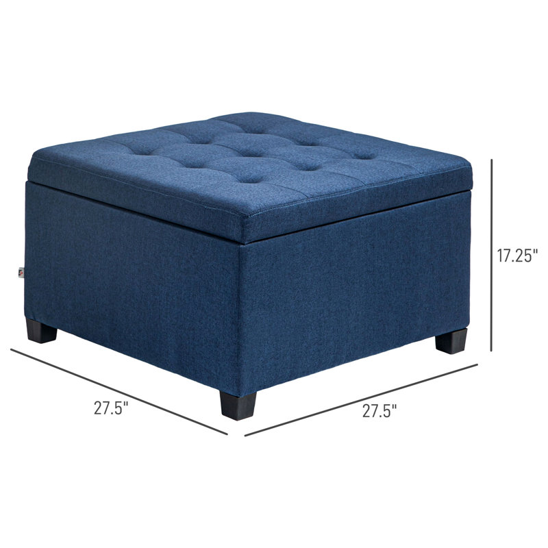 Repose-pieds de rangement capitonné en tissu avec couvercle de siège rabattable, charnière en métal et structure stable en bois d'eucalyptus pour le salon, l'entrée ou la chambre à coucher, bleu