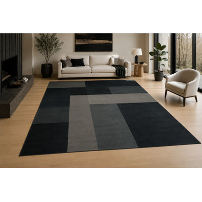 Tapis d'intérieur moderne à motifs géométriques modernes « ultra-fins » de 200 cm x 300 cm, à poils courts et doux, avec envers antidérapant en silicone, idéal pour le salon. Couleur : noir et gris.
