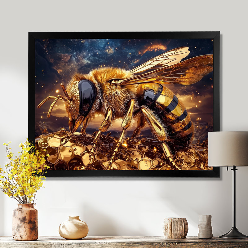«Happy Honeybee Happiness - Bee», reproduction d'art murale, Reproduction encadrée d'une seule photo sans pass, Noir