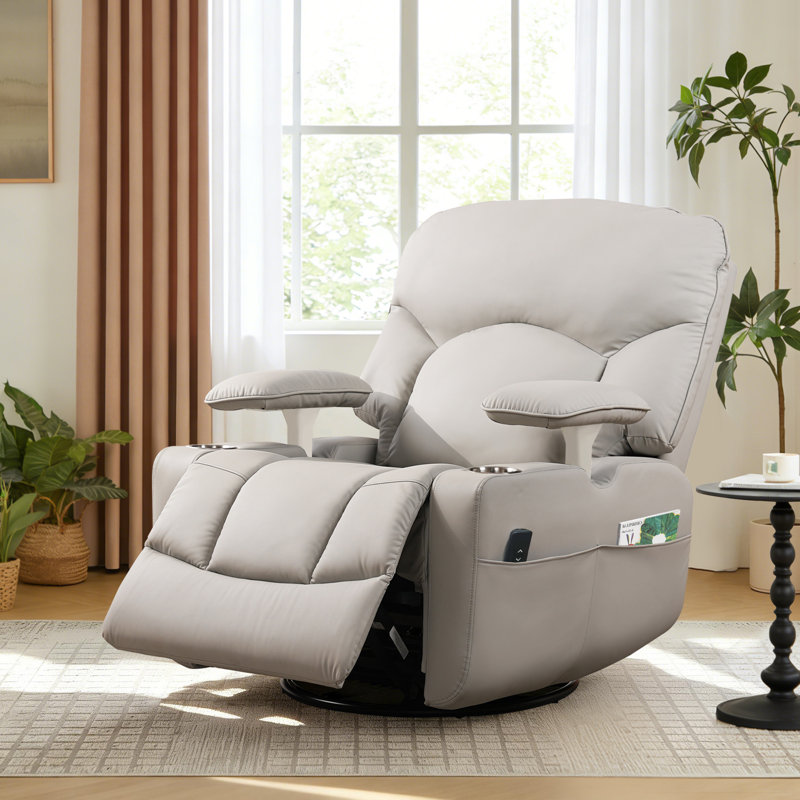Modern Faux Leather Upholstered Recliner Chair, 270-Degree Swivel Rocker Recliner With Adjustable Armrest &Cup Holders For Nursing, And Living Room Relaxation, Gray