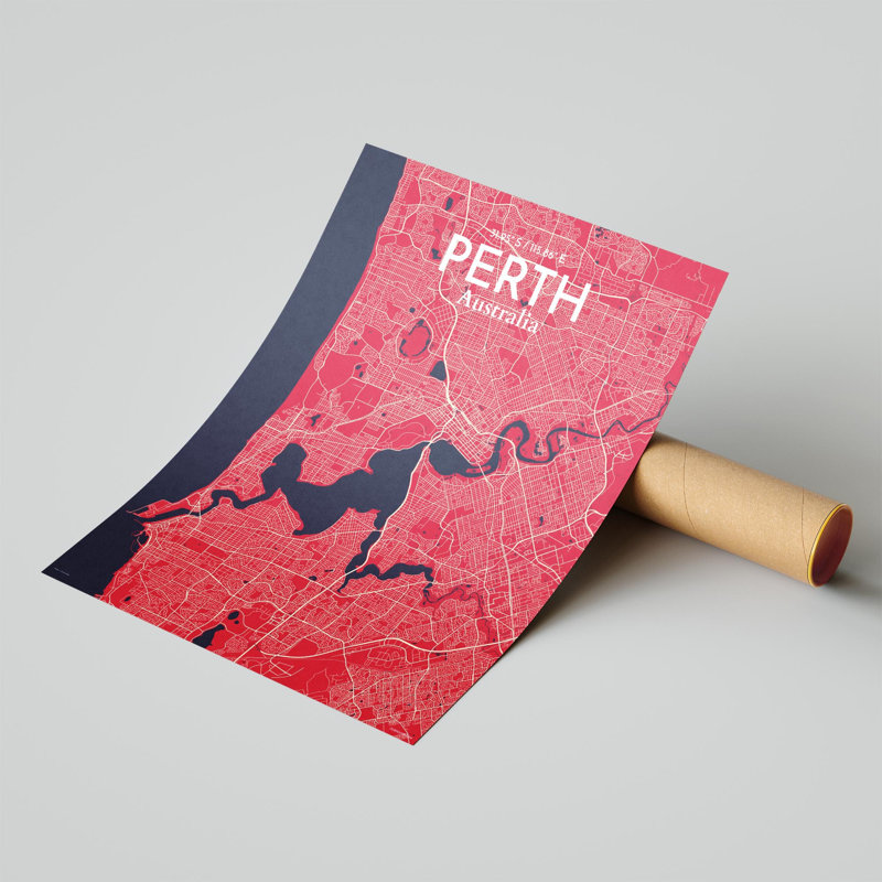 «Perth City Map», impression, H 20 po x l 16 po, Rouge / Bleu marine