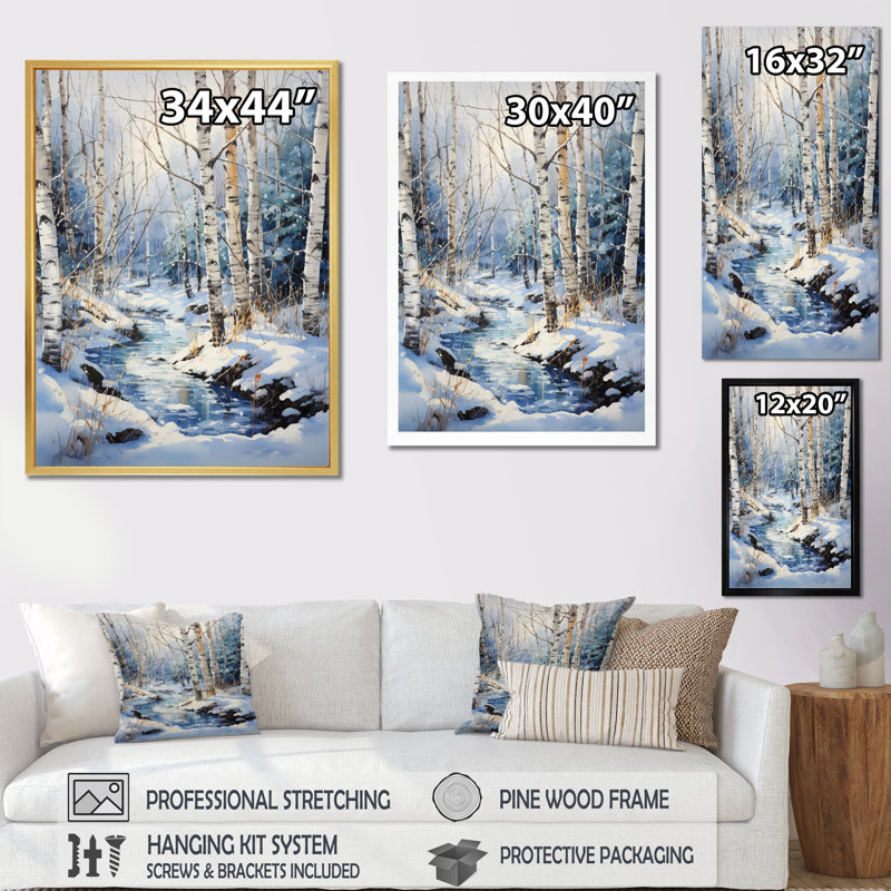 Vonny Birch Woods Winter Moonrise I - Tree Birch, art mural, Cadre simple noir, H 32 po x l 16 po x P 1 po