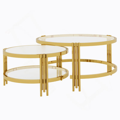 Modern 2 - Piece Gold Finish With Textured Glass Coffee Table Set, Nesting Coffee Table With Tempered Glass For Living Room, 32.75"