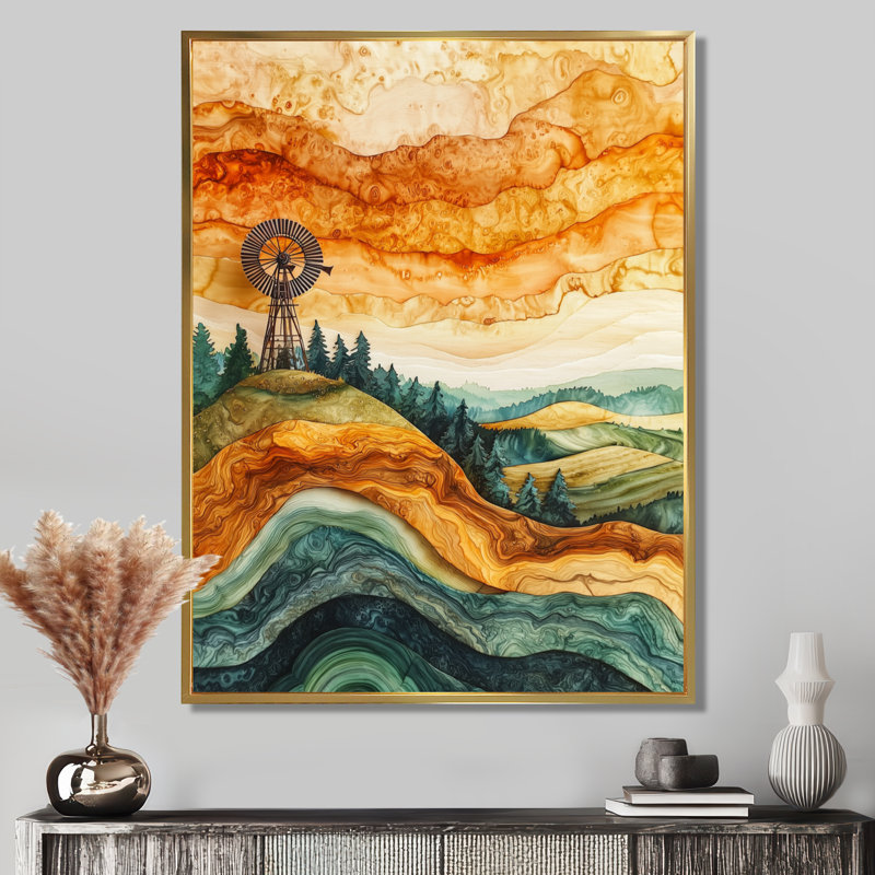 Windmills Into A Summer Field Landscape I - Windmills, art mural, Impression encadrée sans passe-partout, H 44 po x l 34 po
