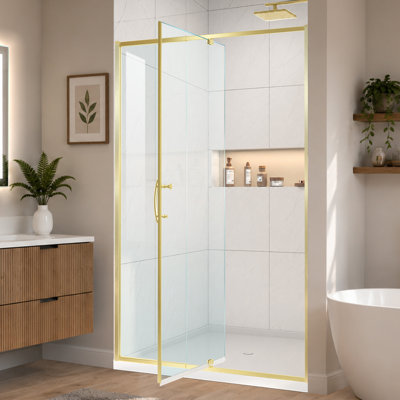 38 - 42 in. W x 71 in. H Pivot Semi-Frameless Shower Door in Brushed Gold with Clear Glass