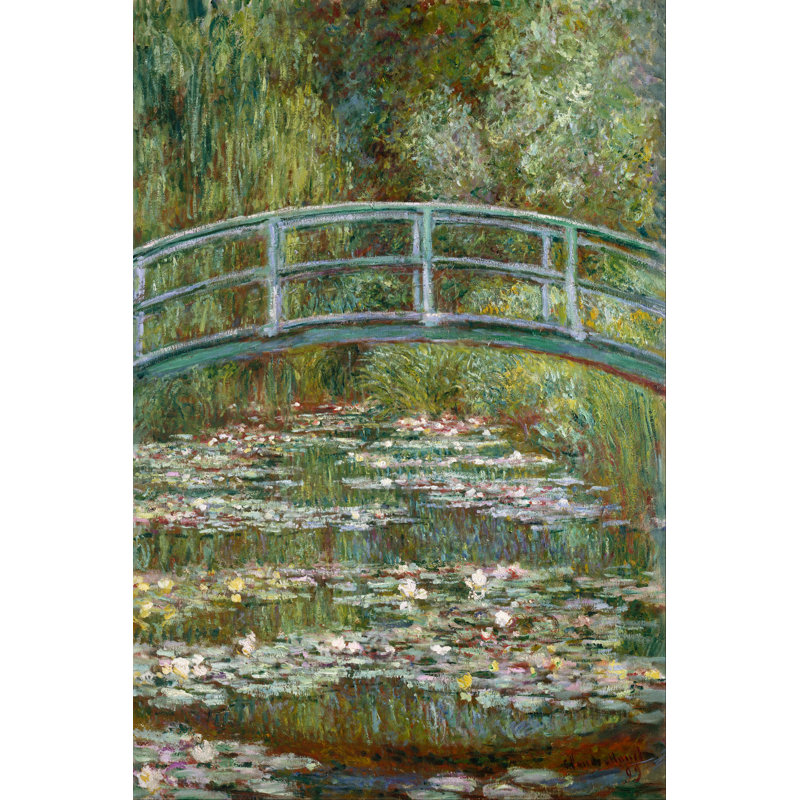 Bridge over a Pond of Water Lilies - Painting, 91cm H x 61cm W, Black Floater Framed