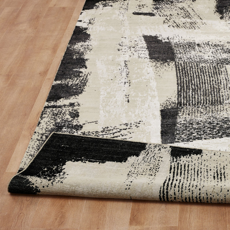 Atelier Inkstroke Ivory Black Wool Hand Loomed Area Rug, Rectangle 7'6" x 9'6"