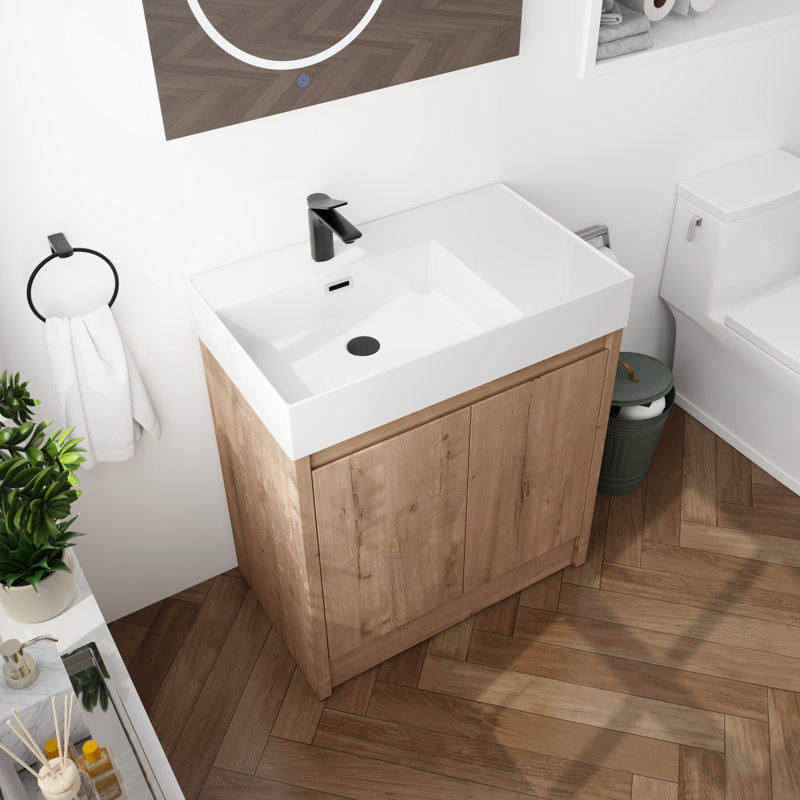 Meuble-lavabo autoportant 30 po à deux portes avec tablette ajustable et lavabo en résine à bords épais - Armoire de rangement sur pied avec lavabo incluse