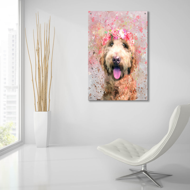 Art mural en verre épique «Flower Crown Goldendoodle 3» par Furbaby Affiliates, H 36 po x l 24 po x P 0,2 po