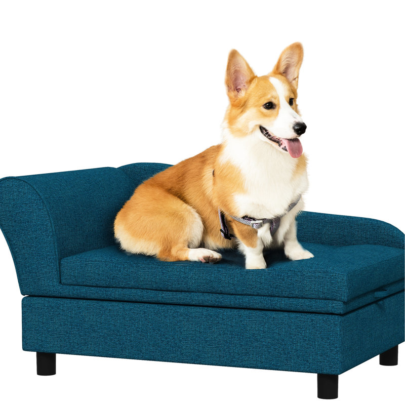 Canapé pour chien avec rangement caché, lit surélevé pour animaux bleu foncé, coussin moelleux pour lit de chien de petite et moyenne taille, compartiment, animaux de compagnie