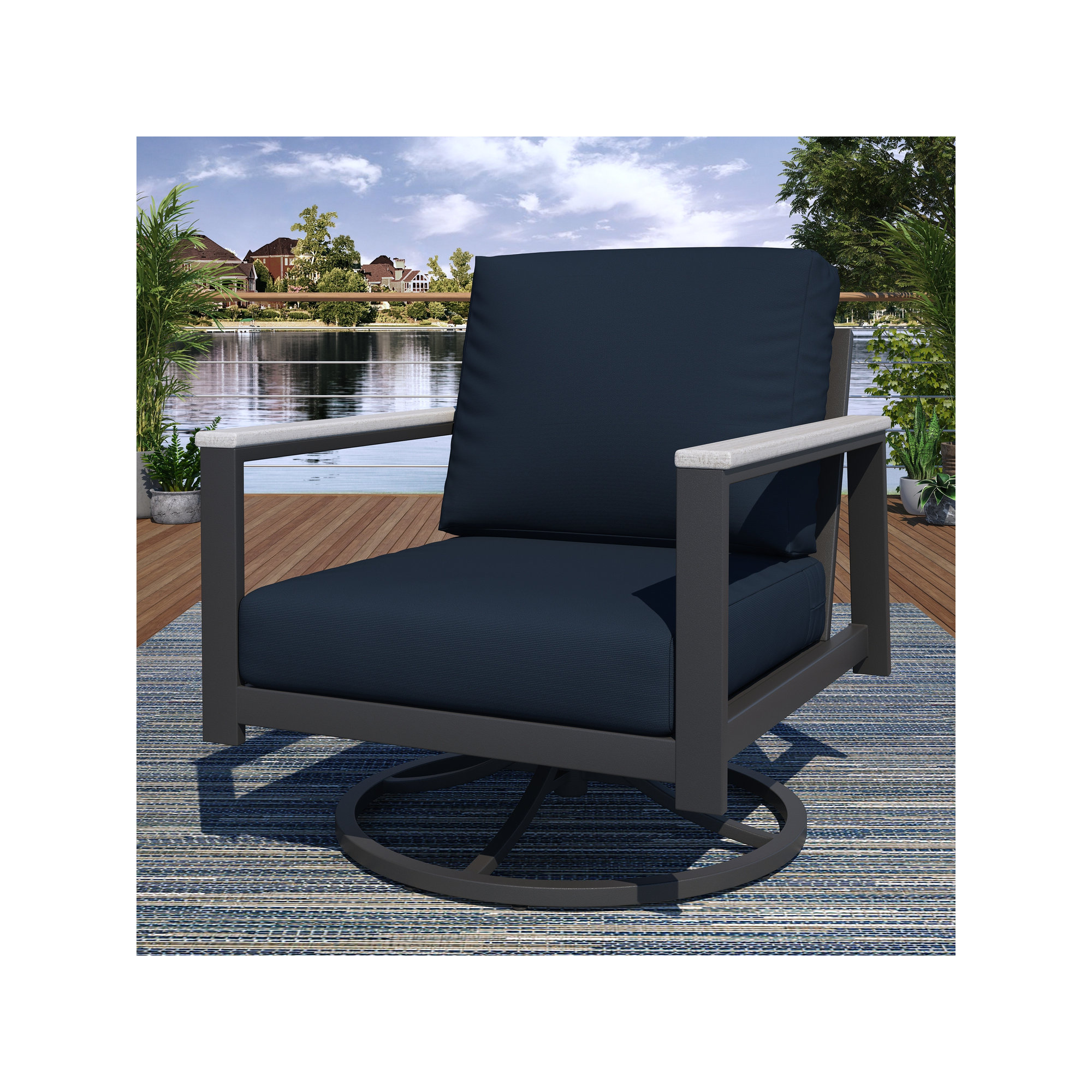 Townsend Outdoor Townsend Swivel Rocking Metal Chair with Sunbrella® Cushions, Canvas Navy Sunbrella® Canvas