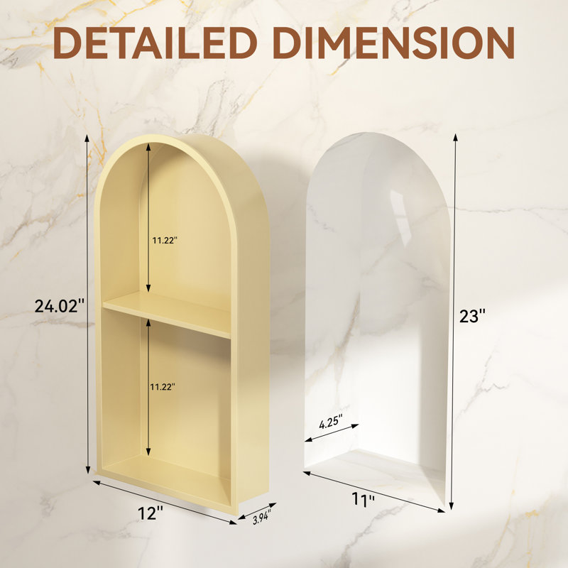 Niche de douche arquée 12 "x 24" en acier inoxydable avec tablettes doubles, Matte Gold