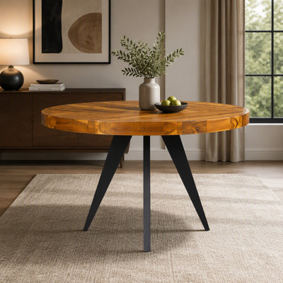 Table de salle à manger, bois d'acacia massif, ronde, 4 places, brun