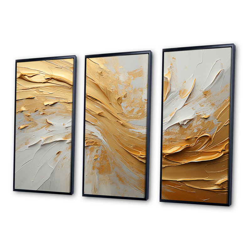 Or et beige, peinture à vagues douces - formes abstraites, ensemble d'art sur toile, H 28 po x l 36 po x P 1 po