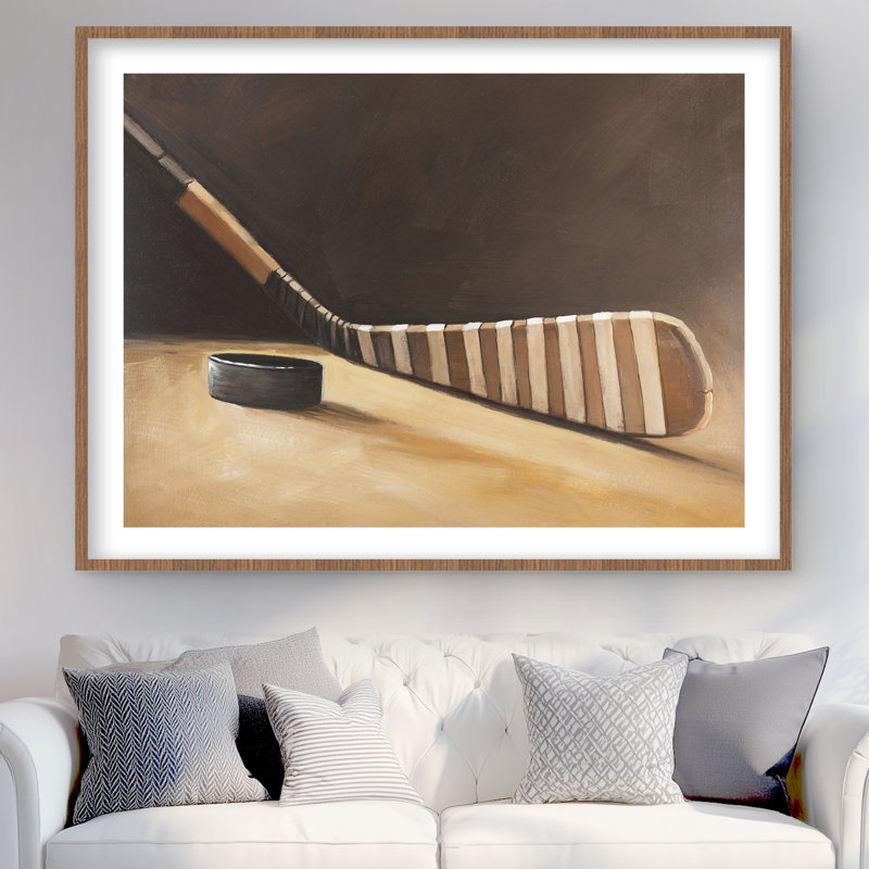 Stick and Hockey Puck - Reproduction matte encadrée noire pour la décoration