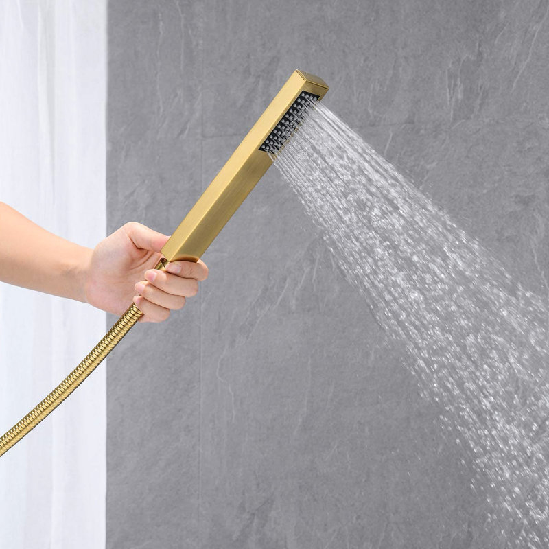 Brushed Gold Bathroom Faucet - Floor Mount Tub Filler With Waterfall Spout And User- Hand Shower Design Reliable