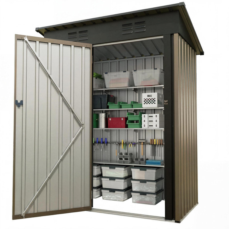 5x3 FT Heavy Duty Metal Outdoor Storage Shed with Sloped Roof and Lockable Door, Weatherproof Compact Tool Organizer for Backyard, Garden, Patio