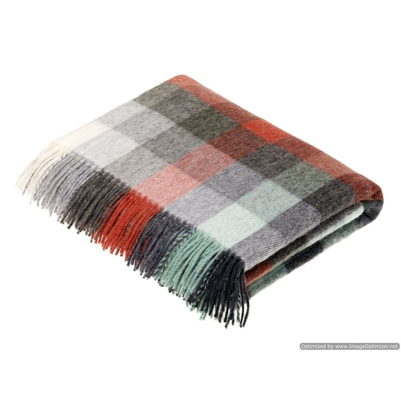 Jeté tissé en laine d'agneau Merino, Vert / gris / patchwork rouge