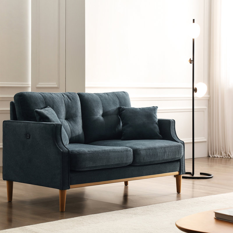 Bleu foncé pour la chambre à coucher - Coussin en mousse haute densité, porto, 2 coussins, siège en tissu bleu, tissu à l'eau, douille, coussins, pieds en bois, intérieur