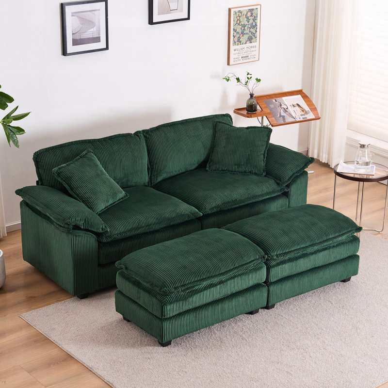 Canapé en velours côtelé 2 places avec 4 coussins et 2 repose-pieds confortables, Vert