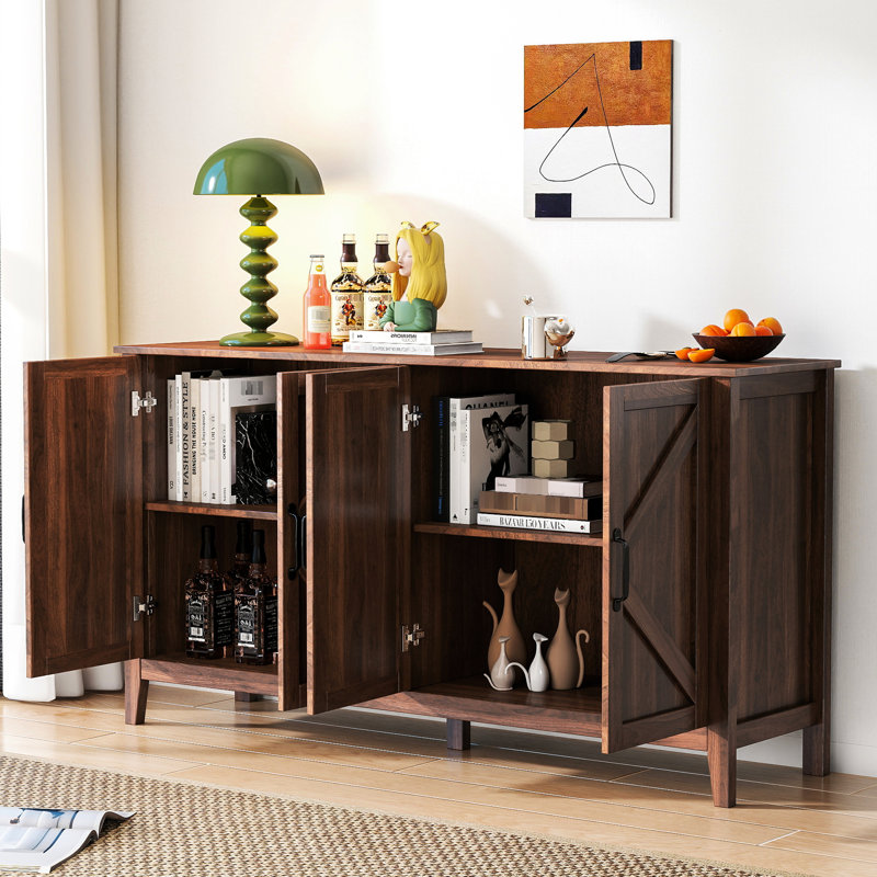 Armoire à finition noyer avec 4 portes et tablettes ouvertes - Intérieur spacieux pour le salon, la chambre à coucher, la conception de bureau