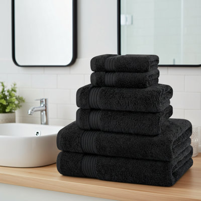Black Six-piece Turkish Bath Towel Set, 100% Pure Cotton, Includes 2 Bath Towels + 2 Hand Towels + 2 Face Towels. Soft, Fluffy, Skin-friendly And Practical.